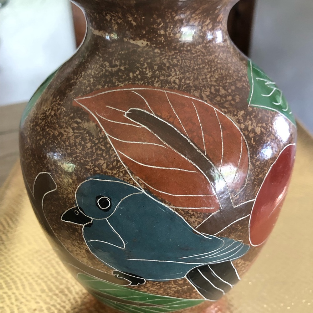 Engraved Art Pottery Folk Art Vase with Bird, fruit and leaves